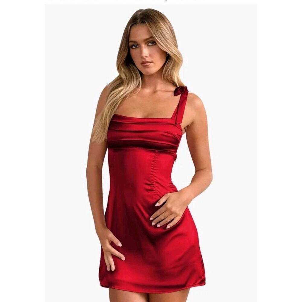 Satin Dark Red Hoco Dress Tight Mini - Square Neck - Tie‎ Back/Shoulders Size 4